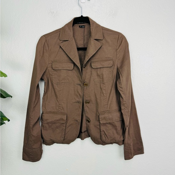 Theory Garrison Linen Blend Coco Chocolate Brown Button Military Style jacket - Picture 2 of 12